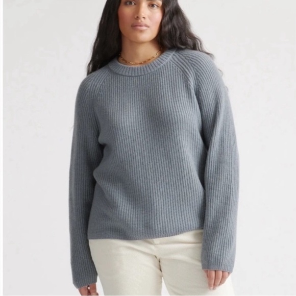 Quince Fisherman Ribbed Dusty Blue Crew Sweater 100% Cashmere Soft Small - Picture 1 of 10
